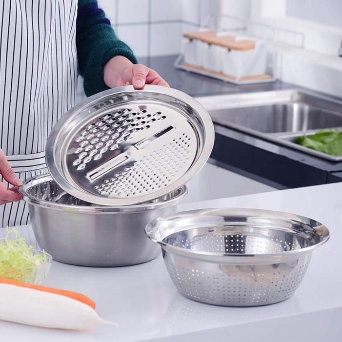 Kitchen Multipurpose Grater Bowl With Drain Colander Grater Mesh Basket 3 In 1 Stainless Steel Basin Vegetable And Fruit Washing Bowl Strainer Cutter Salad Maker Set