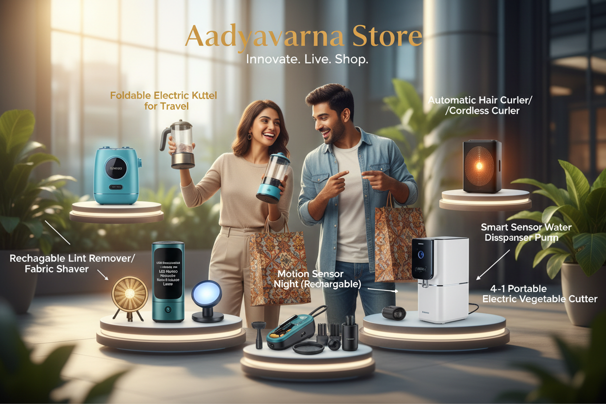 in banner insert trendy products store named "aadyavarna store" and one indian couple aged 25-35 purchase some trendy products, products like,"Rechargeable Lint Remover / Fabric Shaver,Solar LED Garden Lights,Foldable Electric Kettle for Travel ,Motion Sensor Night Light (Rechargeable),Portable Blender / USB Juicer,Automatic Hair Curler / Cordless Curler,USB Rechargeable LED Mosquito Killer Lamp,LED Flame Bluetooth Speaker,Smart Sensor Water Dispenser Pump,4-in-1 Portable Electric Vegetable Cutter"