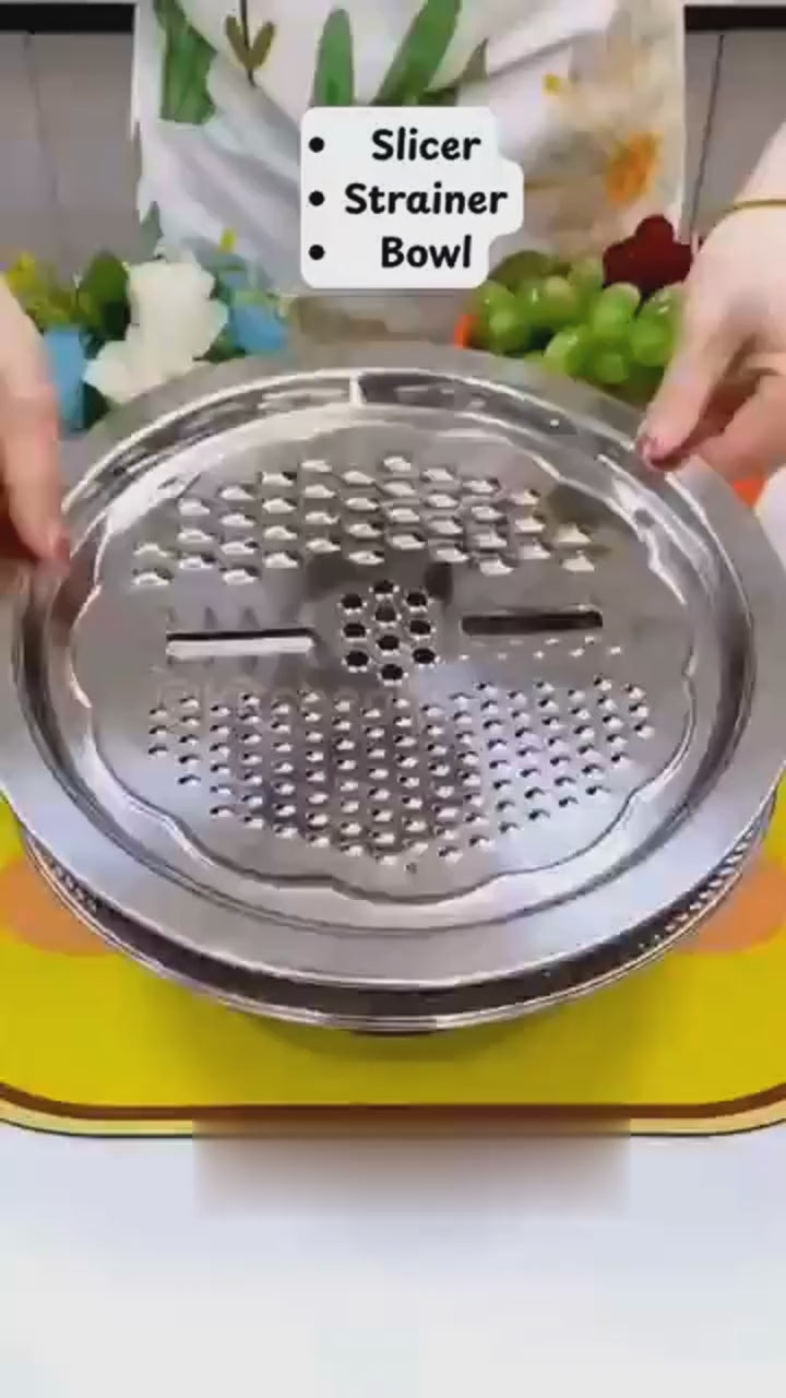 Kitchen Multipurpose Grater Bowl With Drain Colander Grater Mesh Basket 3 In 1 Stainless Steel Basin Vegetable And Fruit Washing Bowl Strainer Cutter Salad Maker Set
